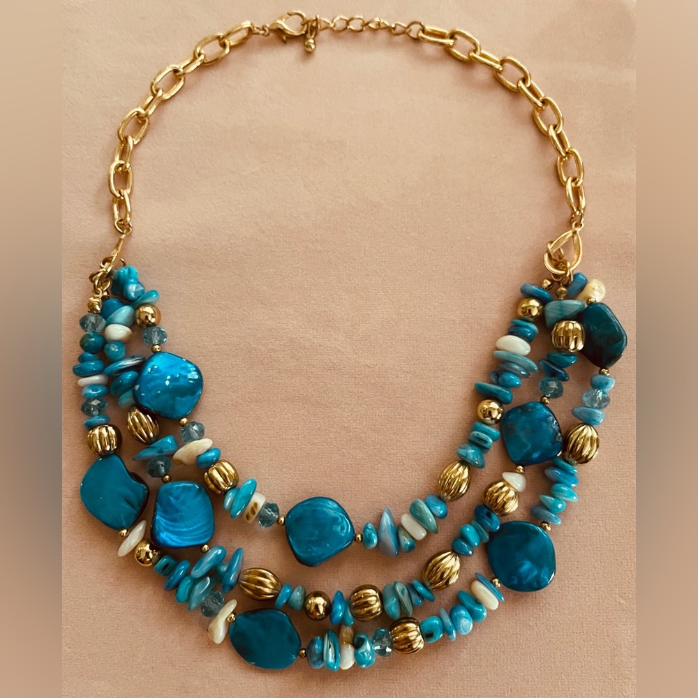 Three Tiered Necklace Gold & Polished Blue Gemstones /w Crystal, Gold Beads 10”